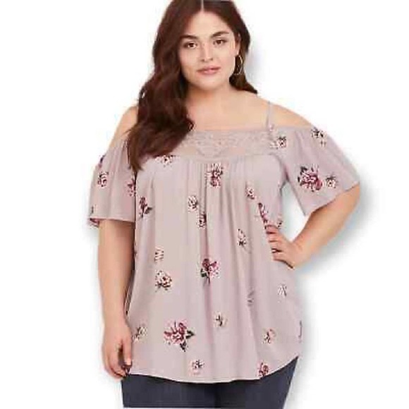 torrid Tops - Torrid Lilac Purple Floral Crinkle Gauze Cold Shoulder Blouse